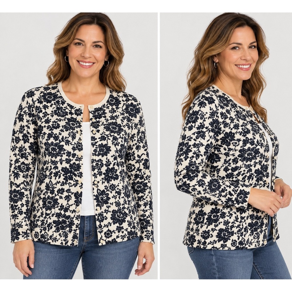 Appleseeds Womens XL Navy White Floral Button Front Cardigan Sweater A06748